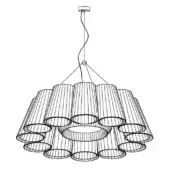 Chandelier, metallic silver, tiered rings of cylindrical elements with a minimalist geometric design and central mounting plate.