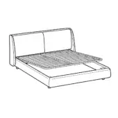 King size bed with black and white line drawing, featuring a cushioned rectangular headboard and slatted platform base with storage.