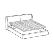 King size bed line drawing, upholstered frame, rectangular headboard with curved top, slatted base, extended position, white background.