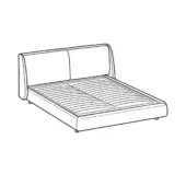 King size bed line drawing, black and white, rectangular headboard with curved top, low profile frame, slatted base, minimalist design.