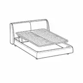 Lift-up storage bed with rectangular headboard, slatted platform, and low base, shown as a black line drawing on white.