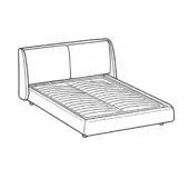 Bed with padded headboard, rectangular frame, and slatted base, minimalist design, monochromatic line drawing on white background.