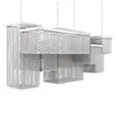 Metal mesh pendant light, rectangular modules, brushed finish, suspended by thin cables, studio product shot, white background.