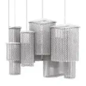 Chandelier, brushed silver, five-tiered geometric design with rectangular cage structures and square perforations, asymmetrical arrangement, studio lighting.