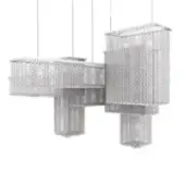 Modern chandelier, perforated metal, rectangular boxes arranged in staggered layers, brushed silver finish, minimalist geometric design, white cables.