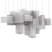 Chandelier, perforated metal, geometric design featuring overlapping cubes and rectangular prisms in brushed silver against a white backdrop.