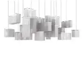 Chandelier with rectangular metallic shades, brushed finish, and white rods suspended against a white backdrop in a dynamic, clustered arrangement.