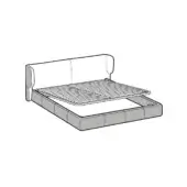 King size bed with gray fabric upholstery, rectangular platform base, curved headboard, and slatted grid revealing storage compartment.