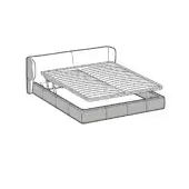King size bed, light gray upholstery, technical drawing shows lift mechanism and slatted platform, minimalist rectangular headboard design.