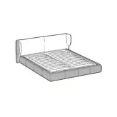 King size bed, gray upholstered platform, rectangular headboard with quilted edges, minimalist line drawing, white background.