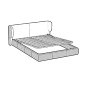 Queen bed schematic, grayscale, rectangular platform with recessed panels, slatted frame, under-bed storage, rounded headboard.