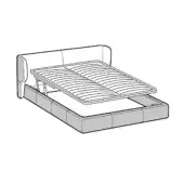 Queen bed grayscale illustration, upholstered platform base, rounded headboard, slatted frame, storage compartment, minimalist design.