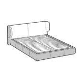 Queen bed line drawing, white background, rectangular headboard, cushioned, grid-pattern frame, slatted base, minimalist modern design.