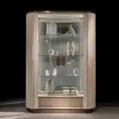 Exceptional DV Home Collection Hollywood showcase with supple leather, ribbed textile and reeded glass doors, accented by steel edges