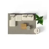 Modular sofa, beige fabric, square cushions on gray rug with wood tray, gray stool, and potted green plant, white background.