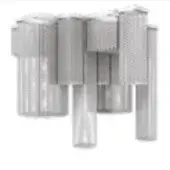 Perforated metal cylinders in vertical arrangement, brushed metallic finish, white background, abstract sculptural composition.