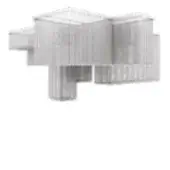 Abstract architectural form, light gray, with vertical ribbing and cantilevered modules in asymmetrical layered composition.