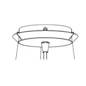 Ceiling light, black and white line drawing, circular canopy with cylindrical shade, supported by three curved wires, minimalist design.
