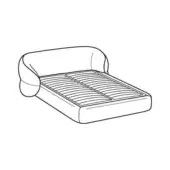 Platform bed drawing, low profile frame, rounded headboard, slatted base, minimalist design, studio rendering, white background.
