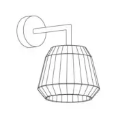Wall-mounted light fixture, black and white line drawing, circular plate with cage-like truncated cone shade, grid structure, studio rendering.