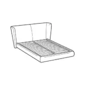 Platform bed line drawing, rectangular headboard, curved panels, minimalist design, slatted base, white background, modern furniture.