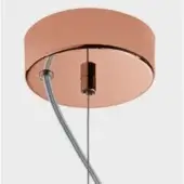 Copper canopy, brushed metallic finish, circular disc shape with central dark copper cylinder and two descending silver cables.