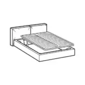 Lift-up bed, black line drawing, rectangular headboard, slatted mattress, storage compartment, minimalist box frame, schematic illustration.
