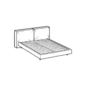 Platform bed sketch, upholstered headboard, rectangular shape, minimalist design, black lines on white background, technical drawing.