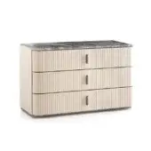 Distinguished DV Home Collection Windsor dresser crafted with light cream leather and Cannetè drawers, complemented by gray and white patterned marble
