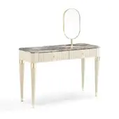 Lavish DV Home Collection Hollywood vanity with marble-like top and golden accents in glossy lacquered cream and beechwood plywood