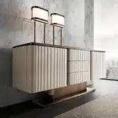 Superior DV Home Collection Elite sideboard crafted in Italy with light cream leather and glossy bronze-toned metal accents, available with marble top