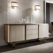 Exceptional DV Home Collection Elite sideboard built with Noce Canaletto veneered wood and cream leather displaying a vertical pattern