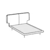 Platform bed, light gray fabric upholstery, rectangular shape with curved headboard and cylindrical dark legs.