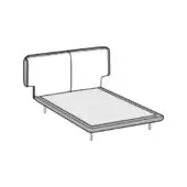 Skin Mix Bed, dark gray upholstery, rectangular platform with padded headboard and slender legs, minimalist schematic drawing.