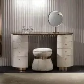 Superior DV Home Collection Tiffany vanity in light cream leather presents a marble-effect top with warm-toned accents and a smooth finish