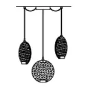 Pendant light fixture, woven texture, three-tiered design with oval and spherical lamps suspended from a rectangular bar.