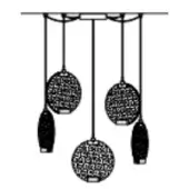 Five-light pendant chandelier, black metal, with rectangular canopy and spherical, perforated shades plus teardrop accents.