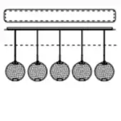 Metal mobile with five perforated spherical weights suspended from a light gray horizontal bar against a white background.