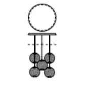 Mechanical diagram of a Newton's cradle with a toothed wheel, horizontal bar, and five speckled spheres suspended in two staggered rows.
