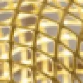 Metal mesh pattern with interlocking gold, brass, and beige rectangles; textured, grid-like structure with diffused lighting.