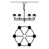 Lighting fixture schematic, black lines on white, horizontal bar with six spherical lamps and circular base with radiating arms.