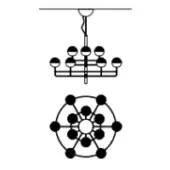 Chandelier diagram with central rod and spherical elements above a circular graphic of concentric rings and nodes, black on white.