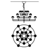 Chandelier with spherical lights above circular diagram of interconnected nodes and lines on a white background.