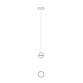 Minimalist pendant light, black line drawing, three circular elements suspended from a rectangular mount, plus sign detail.