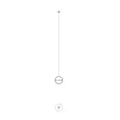 Pendant light, black metal, thin vertical rod suspends a circular shade with detached lower circle, minimalist studio product shot.