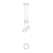 Chandelier line drawing, black and white, three staggered circles connected by vertical lines, with mirrored circular detail below.