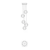 Linear chandelier technical drawing, white background, rectangular plate, vertical rods with circular rings, cascading arrangement, schematic diagram.