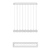 Chandelier technical drawing, linear design, fourteen rods with circular elements, gray monochromatic schematic, mounting block detail.