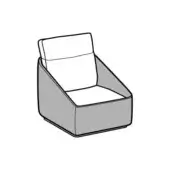 Modular armchair, gray fabric upholstery, boxy geometric design with white interior panels and a slightly reclined backrest.