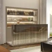 Avant-garde Reflex bar with glass counter and LED lighting, built with Canaletto walnut and nero beluga lacquered glass in a shiny finish